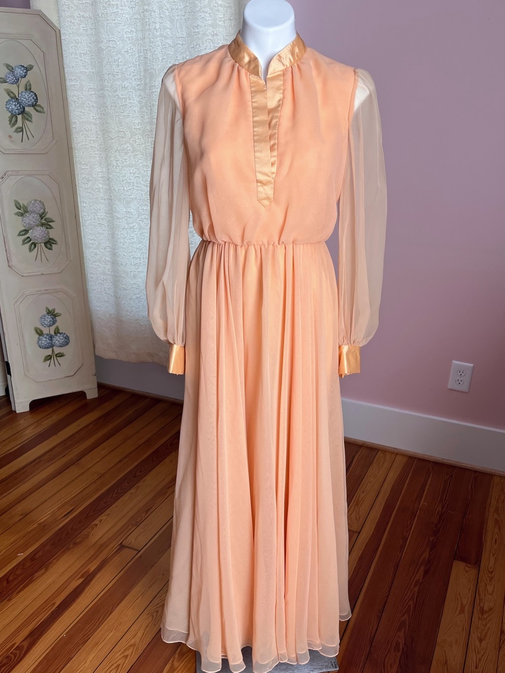 70s Peach Long Sleeve Chiffon Dress
